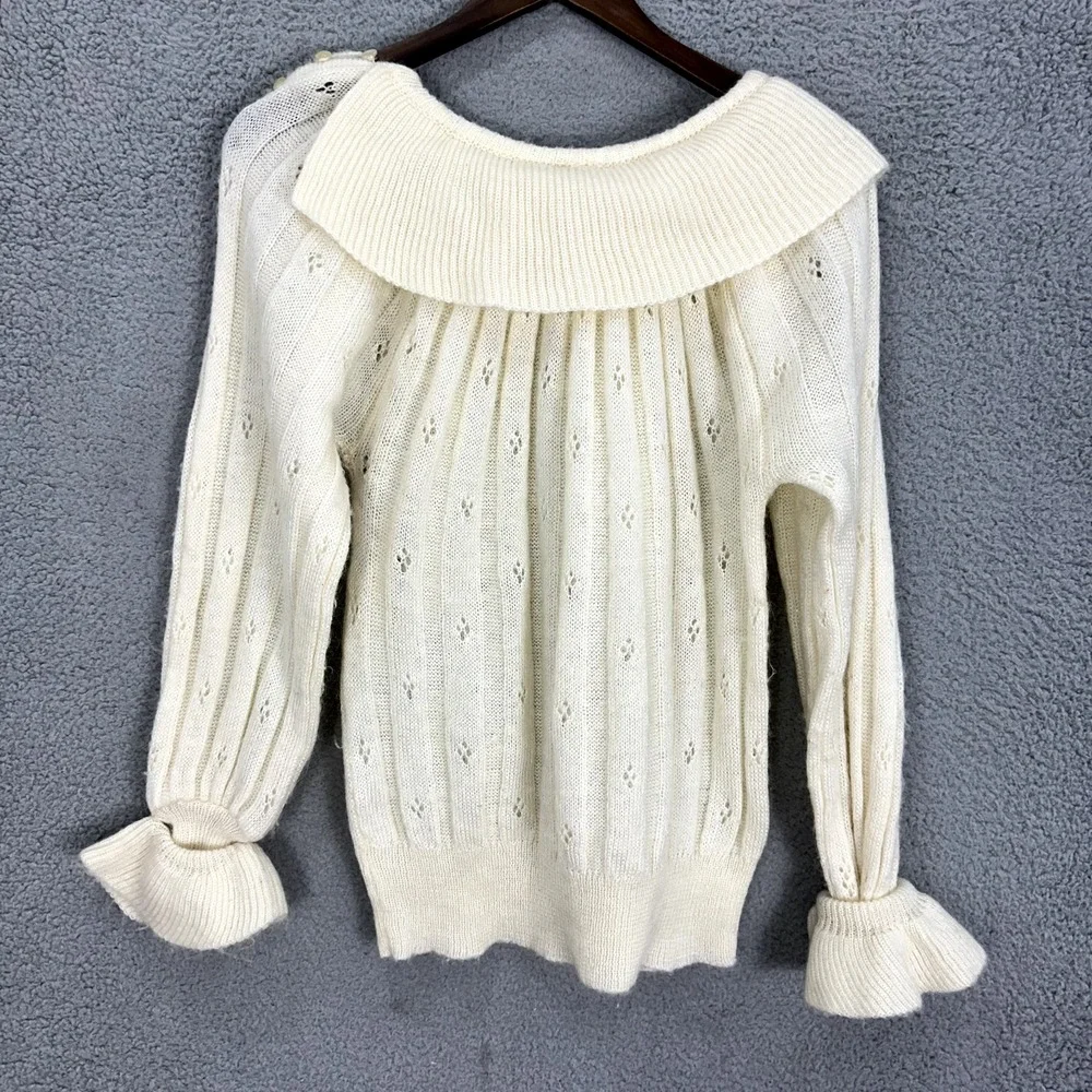 Vintage Sweater Womens Medium‎ Ivory Mohair Blend Open Knit Ruffle Grandma Regal